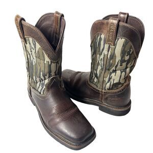 Justin Boots Men Size 9.5 EE Brown Leather Fabric Camo Cowboy Western Square Toe